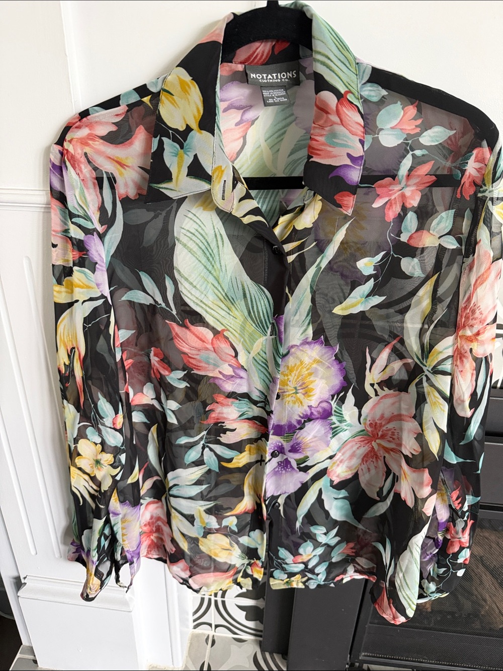 Notations Black Floral Print Sheer Blouse with Pink Purple Yellow Accents